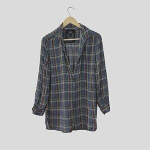 Cino Medium Button Up Tunic Top Plaid Roll Tab Sleeves Womens READ***